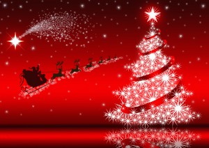 Santa Claus & Christmas tree on red background