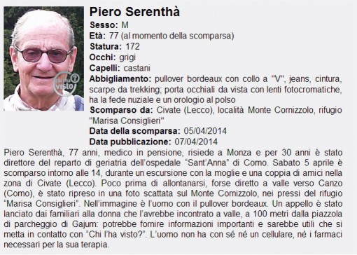 Piero Serentha scomparso