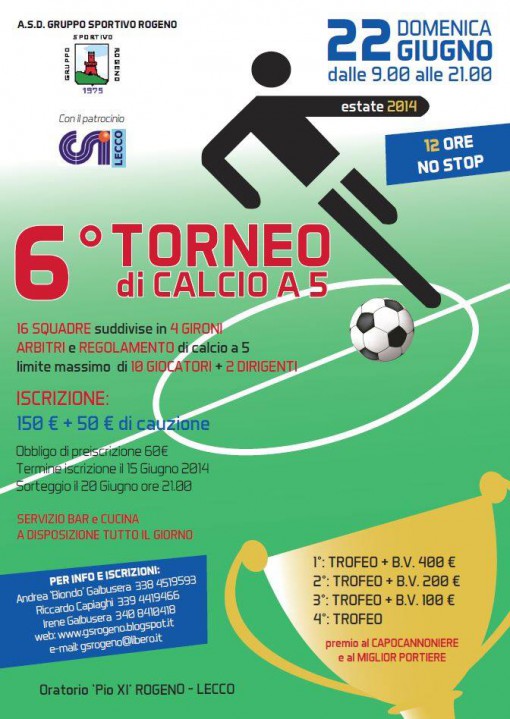 Volantino torneo Calcio 5 asd gruppo sportivo Rogeno